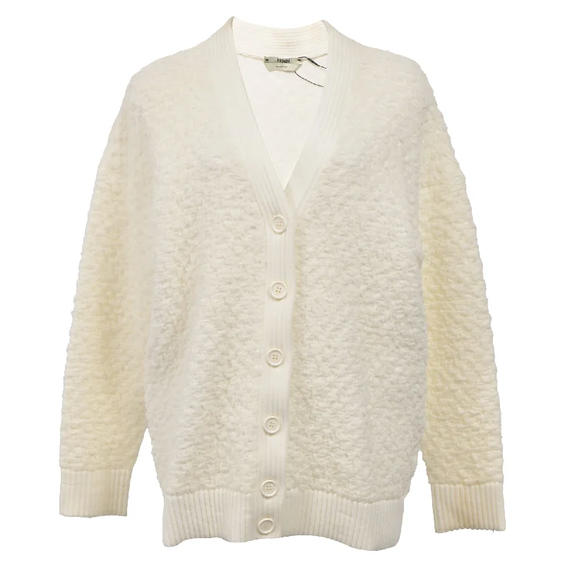 Fendi Textured Button-Down Cardigan in Cream Wool