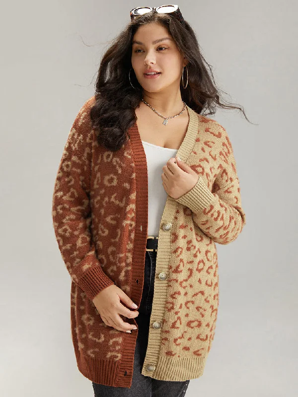 Leopard Print Contrast Button Through Cardigan