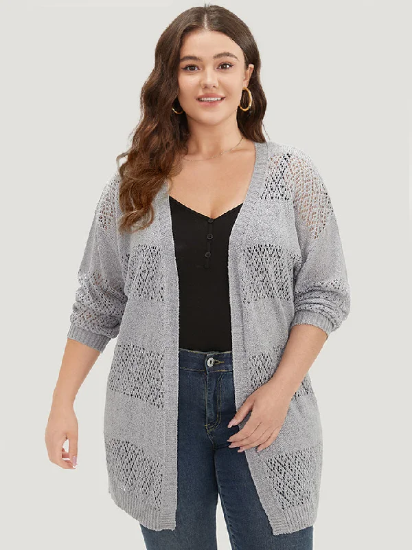 Plain Geometric Eyelet Open Front Cardigan