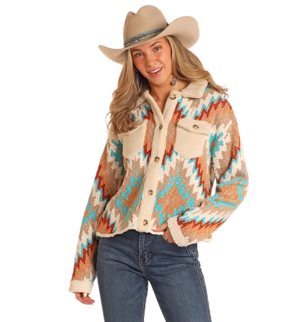 Rock and Roll Cowgirl Turquoise Aztec Button Cardigan Sweater BW32T05275