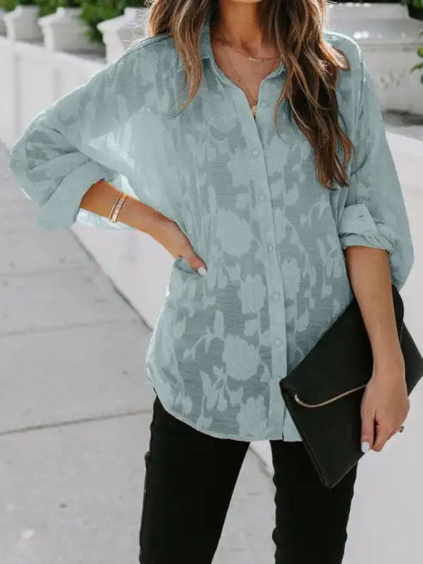 Women’s Solid Color Mesh Sheer Lace Floral Print Button Front Shirt