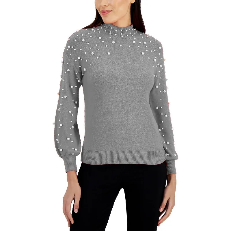 Pearl Womens Embellished Pullover Mock Turtleneck Sweater