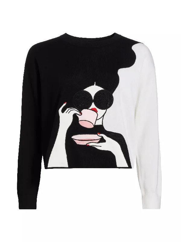 alice + olivia Gleeson Staceface Pullover, Black/Soft White Multi