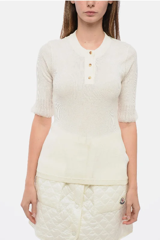 Bottega Veneta Buttoned Neck T-Shirt with Ruffled Sleeves