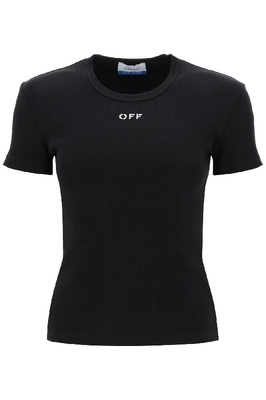 Off- Women's Ribbed T-Shirt With Off Embroidery