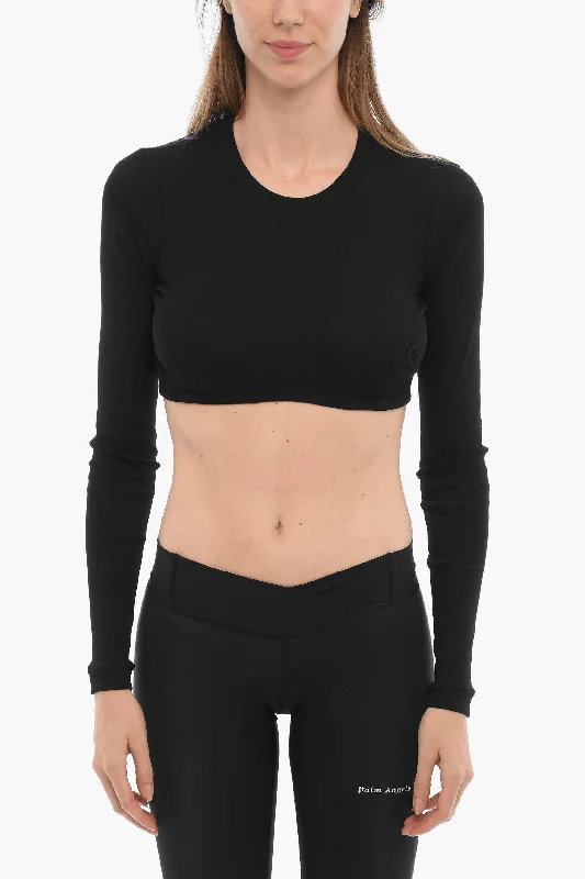 Palm Angels Long Sleeved Ribbed Cropped T-Shirt