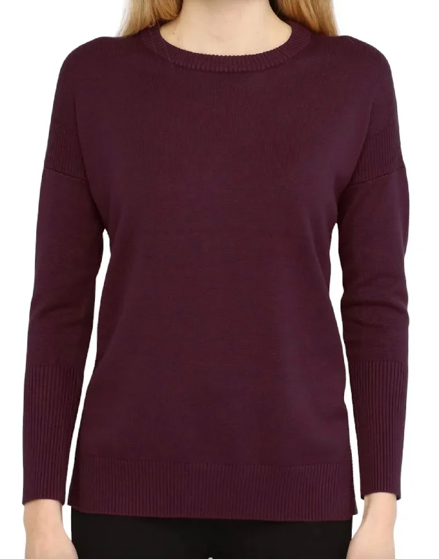 Crew Neck Pullover Top W/ Side Slits In Vineyard Wine