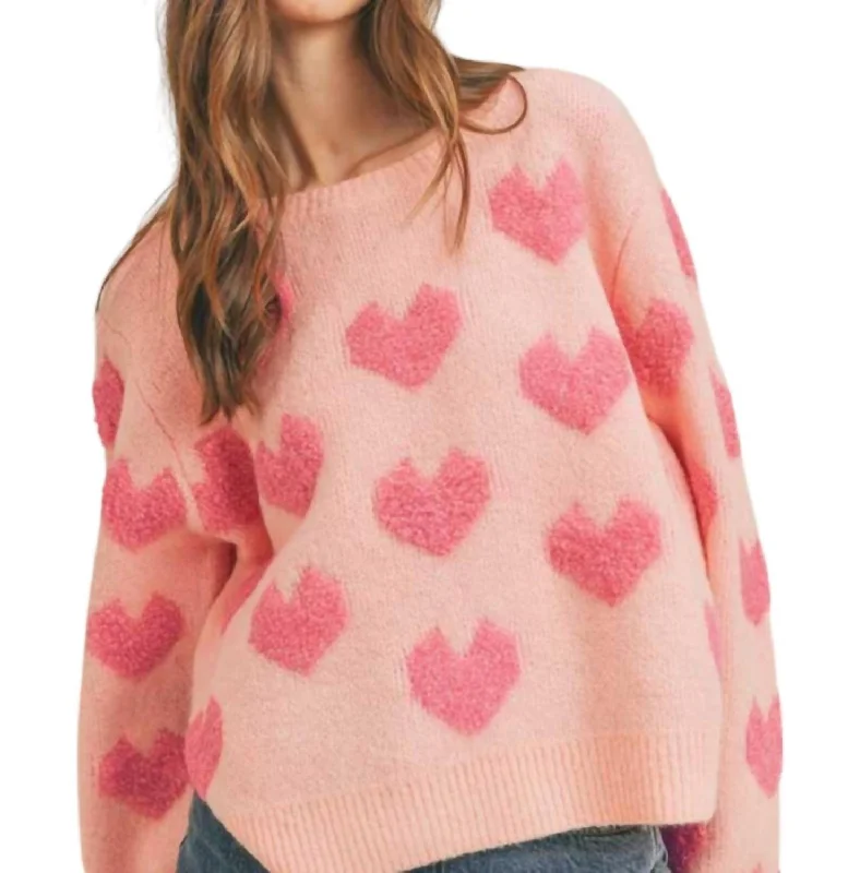 Fuzzy Heart Pullover Sweater In Pink