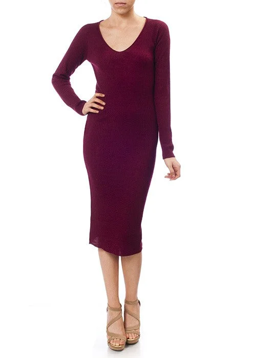 V-Neck Sheer Ribbed Knit Long Sleeve Sweater Dress MK8007 (S-L)