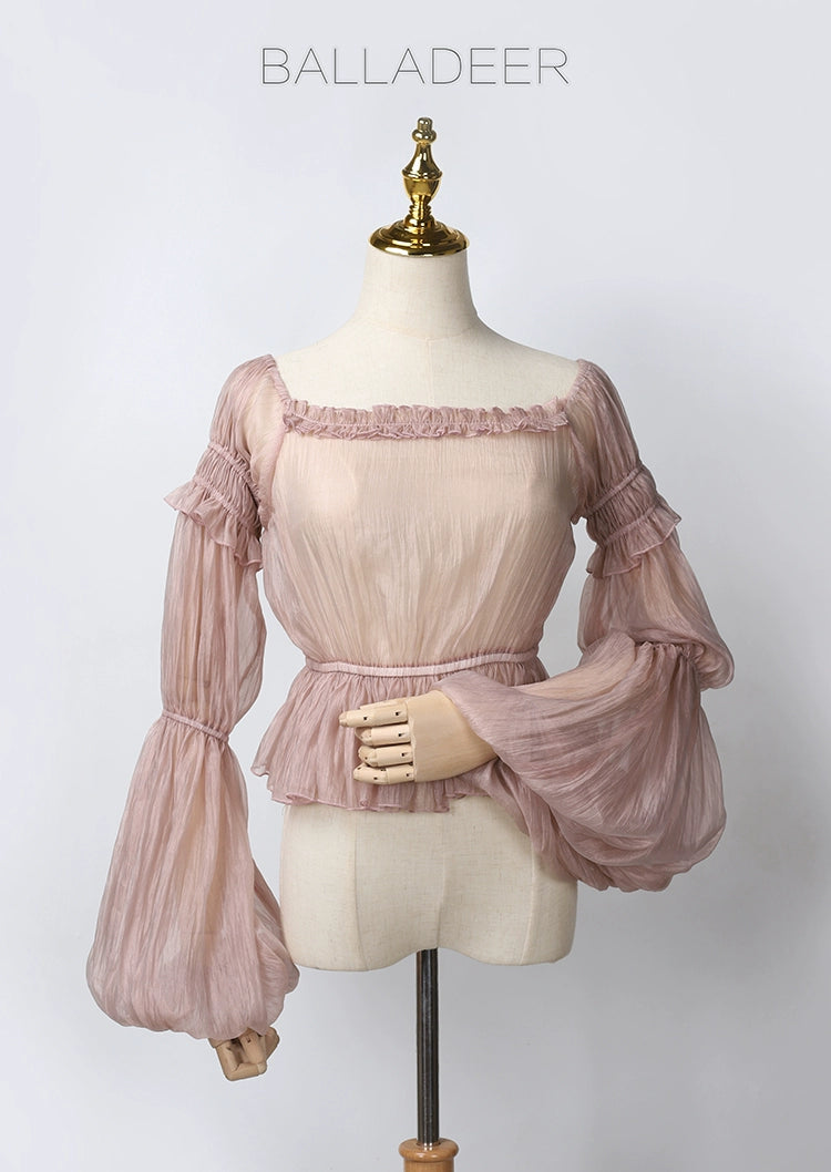 Balladeer~Classic Lolita Shirt Puff Sleeves Open Shoulder Blouse