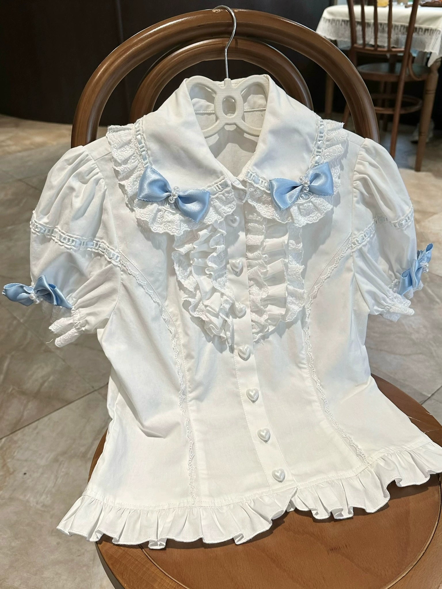 Mengfuzi~Showa Doll~Sweet Lolita Blouse Pearl Lace Shirt with Detachable Sleeves