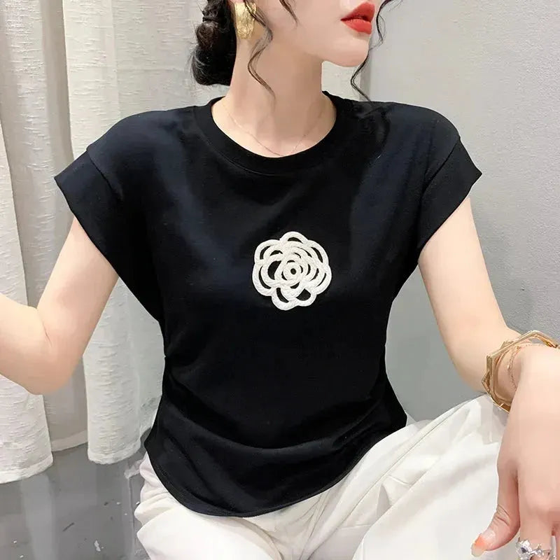 Summer European Clothes Cotton Solid T-Shirt Fashion Sexy Beading Flower Women's