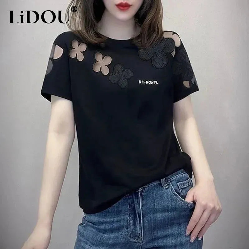 Summer New Fashion Elegant Loose Casual T-Shirts Women Solid Color Round Neck Sh