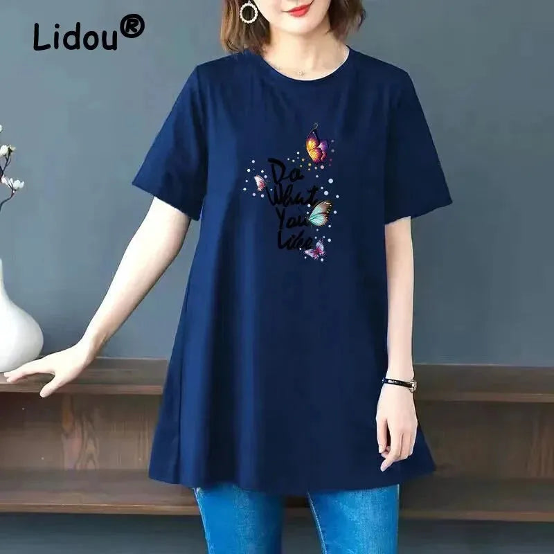 Women Summer Butterfly Floral Print Oversized Cotton T-shirt Fashion O Neck Shor