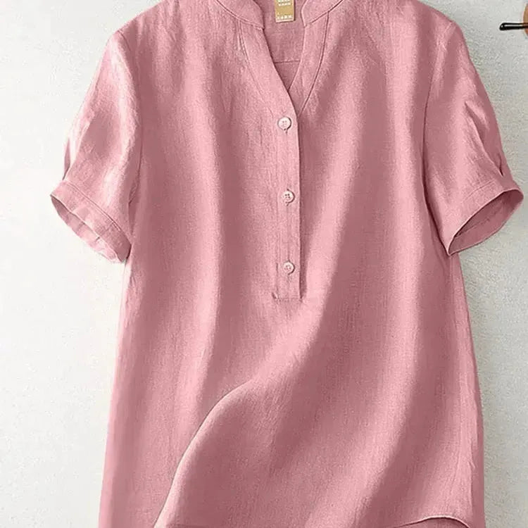 Women Vintage Summer V Neck Short Sleeve Shirt Casual Cotton Blouse Loose Tunic