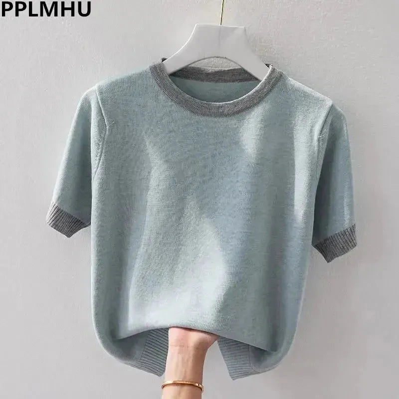 Summer Thin Knit Cropped T Shirt Tops Casual Chic Ice Slik Short Sleeve Knitted