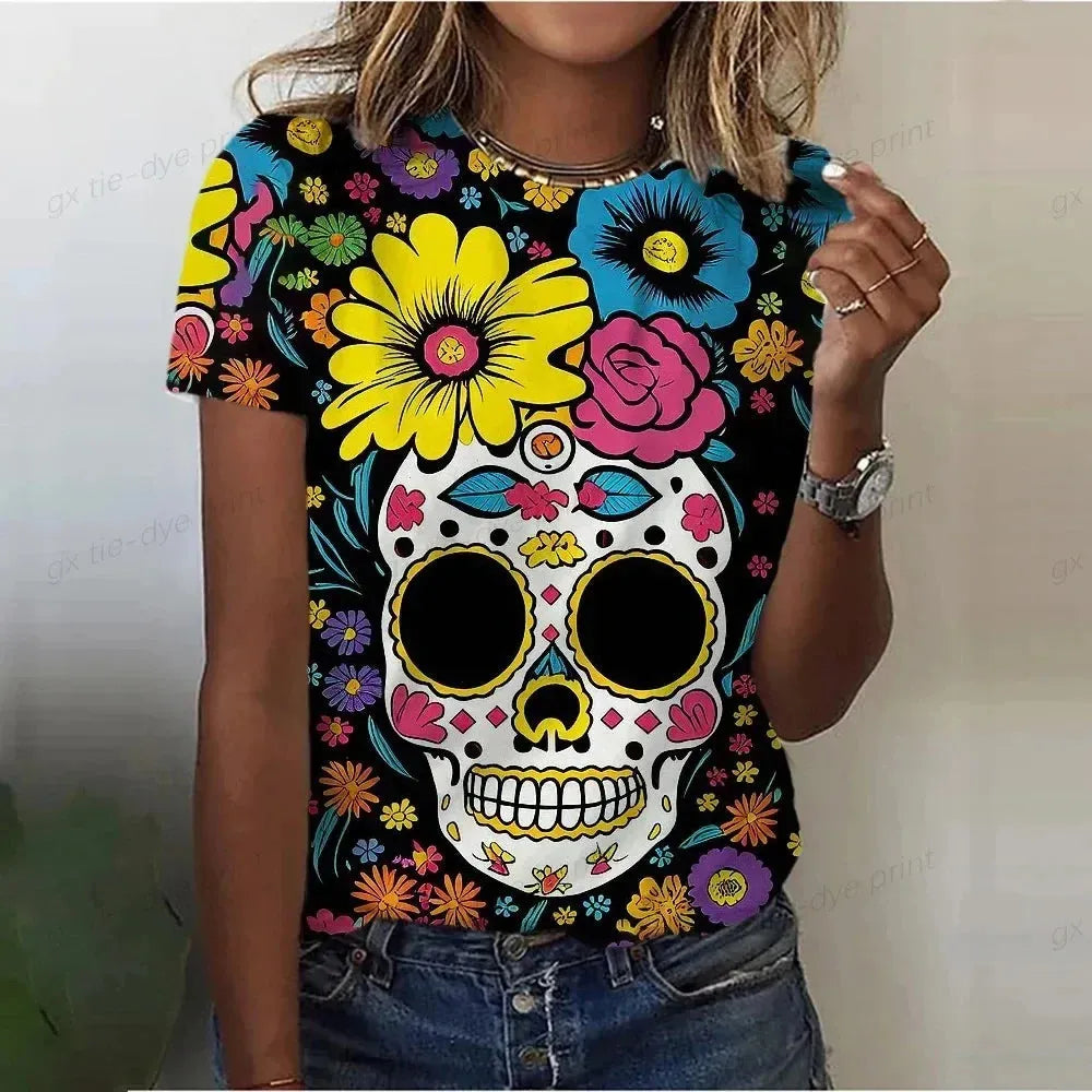 2024 Top Mexican-style Death Skull 3d Printed Painted Women's shirt Breathable street chic Casual style short sleeve T