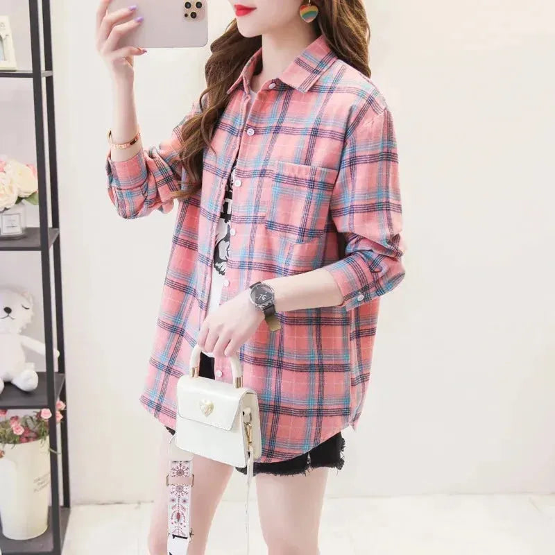 Brand Casual Women's Plaid Shirt Autumn New Boutique Ladies Loose Blouse and Top