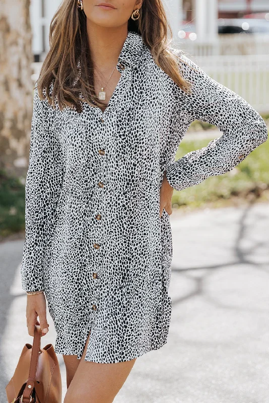 Cheetah Casual Long Sleeve Button Up Shirt Dress