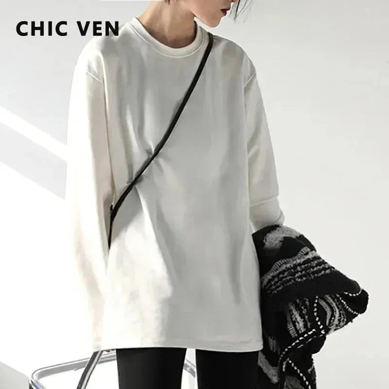 Spring Autumn Women's Solid Color Loose Long Sleeve T-shirt O-neck Basic Top Bot