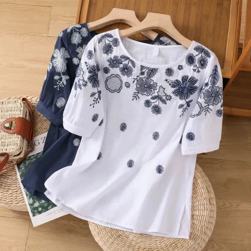 Cotton Linen T-shirt Women Summer Embroidery Loose Tees Short Sleeves Floral Top