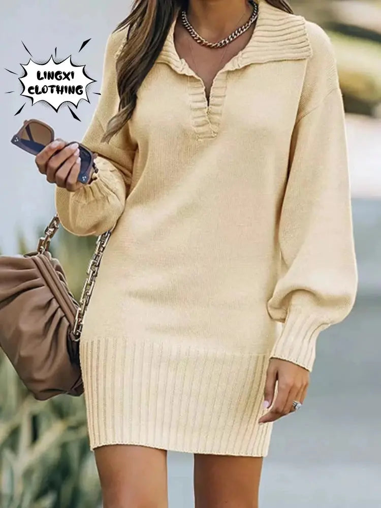 FZ Women's Knitted Hip Elastic Knitted Pullover Long Sweater Dress