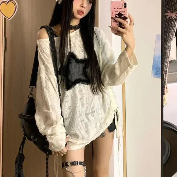 Grunge Hole T-shirt Women Fashion Star Print Y2k Aesthetic Loose Tees Kpop Fairycore Ripped Tshirt Harajuku Gothic Streetwear