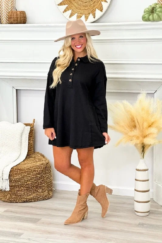 Black Textured Long Sleeve Button Dress