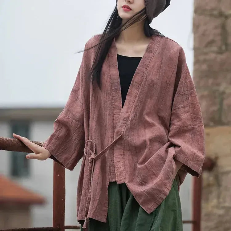 OriGoods Oversized Kimono Shirt Women Vintage Loose Coat Tops Ramie Cotton Chine