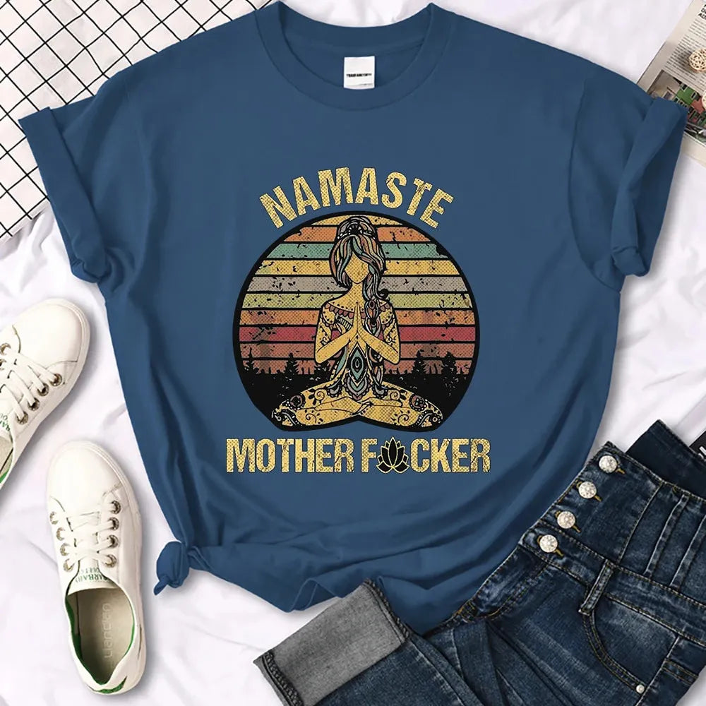 Vintage Namaste Mother Explicit Pattern Women T-Shirt O-Neck Creative T Shirts Fashion Breathable Crop Top Casual Sport T Shirt