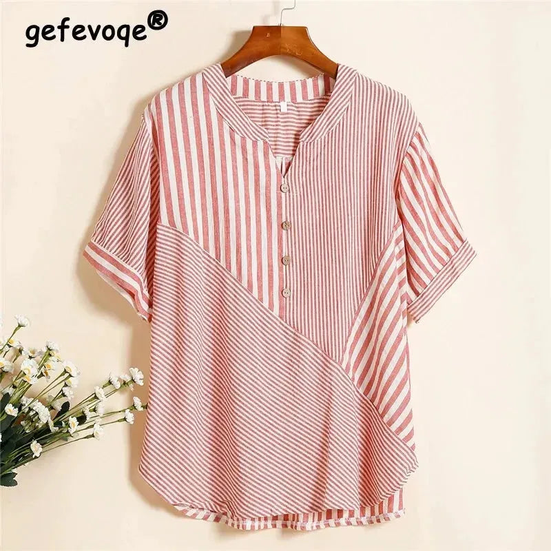 Women Striped Comfortable Cotton Linen Blouse Summer Simple Casual Loose Shirts