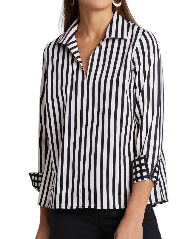 Agnes No Iron Stripe & Gingham Shirt In Black/white