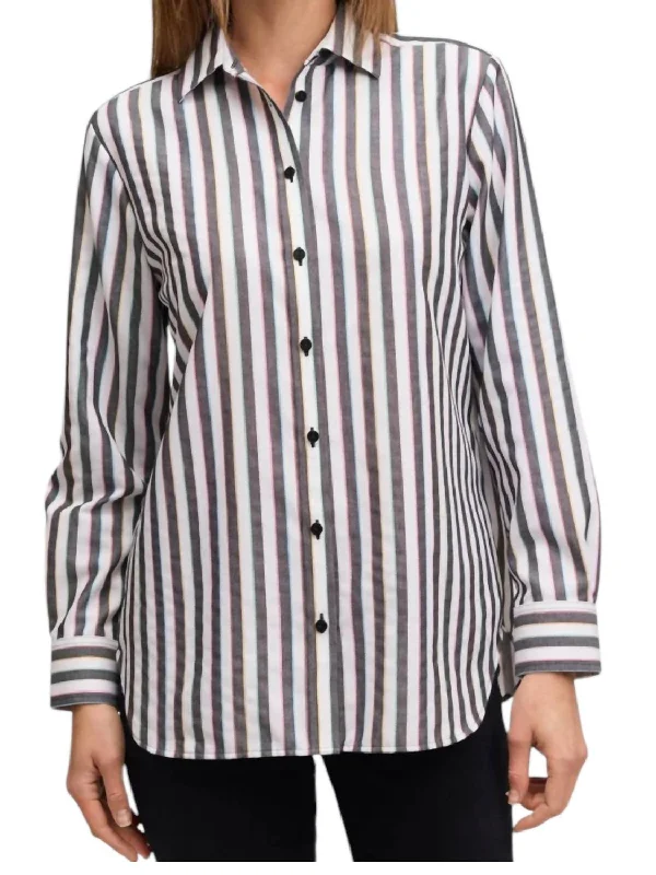 Boyfriend No Iron Rainbow Lurex Stripe Shirt In Black/white