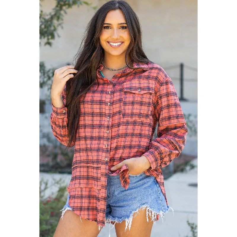 Plaid Long Sleeve Side Split Distressed Shirt