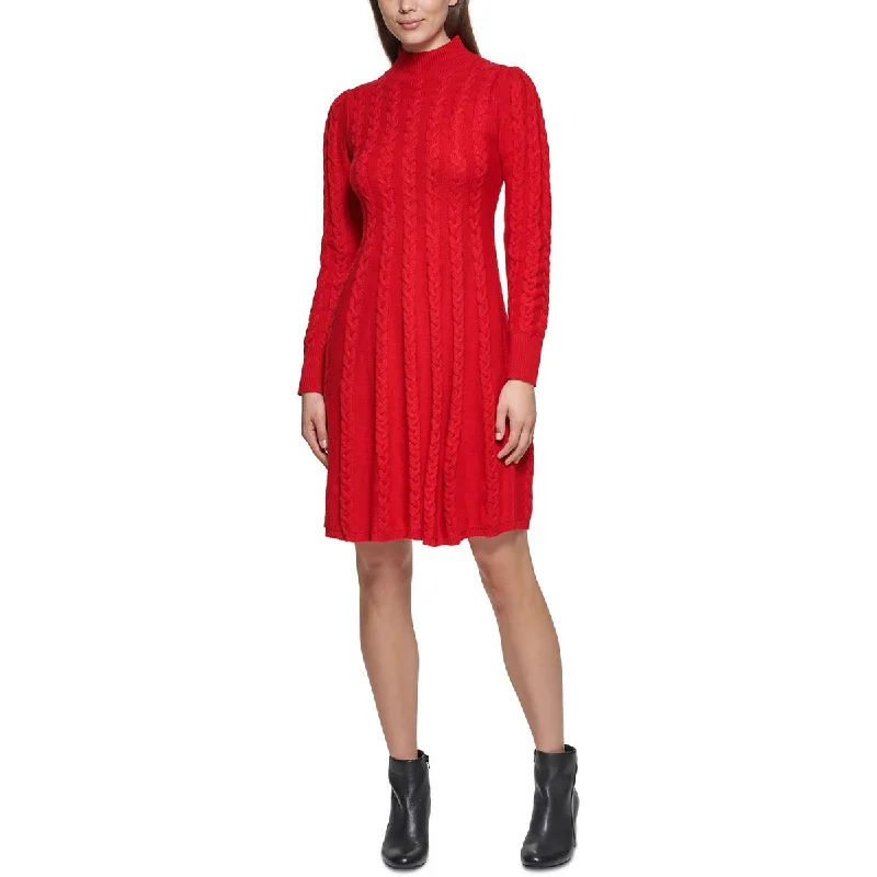 Petites Womens Cable Knit Mock Neck Sweaterdress