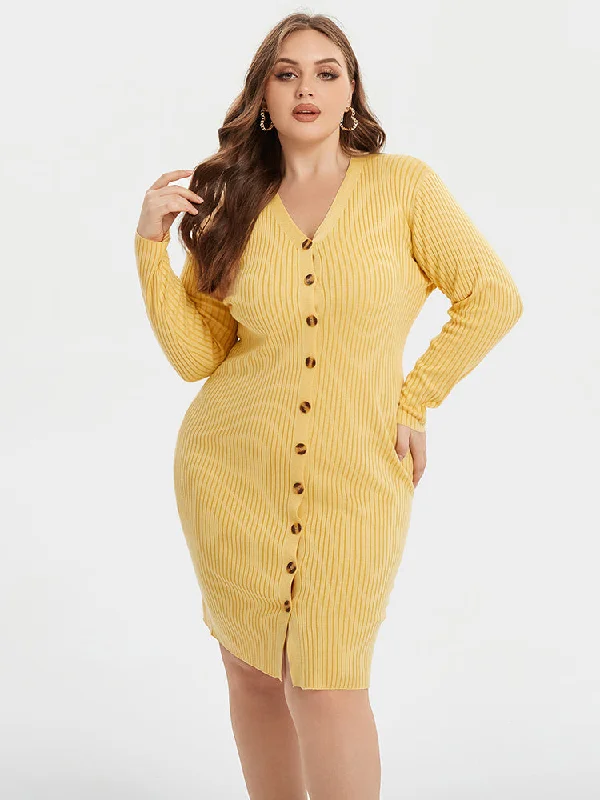 V-Neck Button Front Bodycon Knit Dress