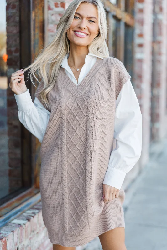 Here For You Latte Cable Knit Sweater Dress