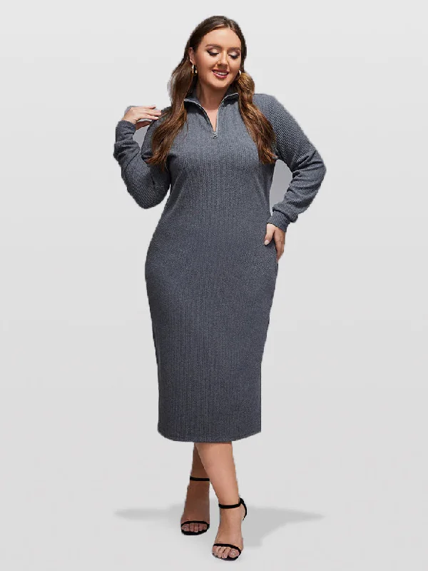 Plus Grey Band Collar Zipper Split Midi Knit Dress