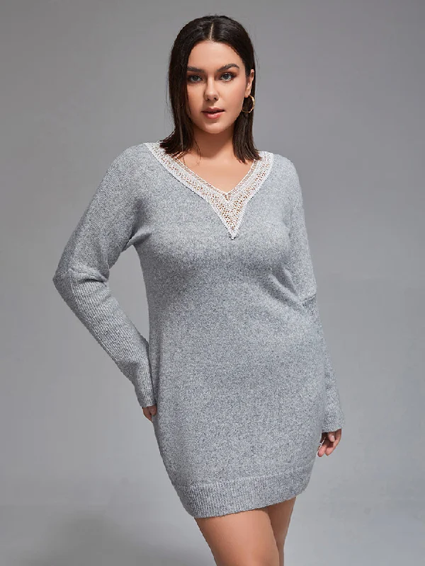 Plus Lace Panel Bodycon Sweater Dress