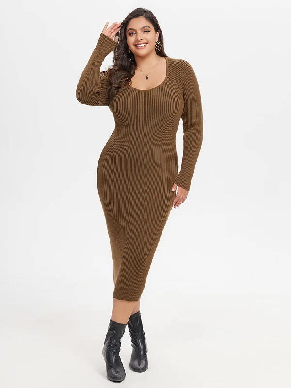 Square Neck Ribbed Knit Midi Sweater Dress