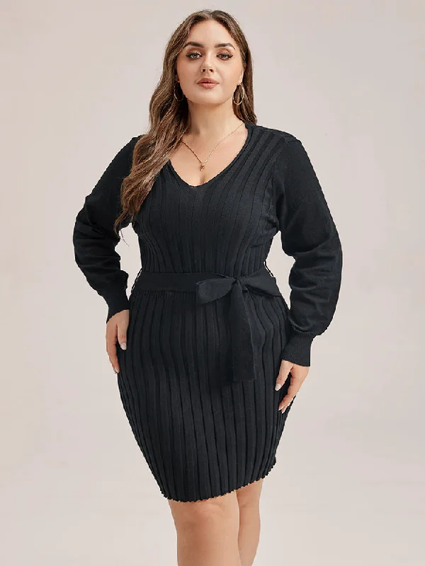 Solid Tie Lantern Sleeve Ribbed Knit Sweater Dress