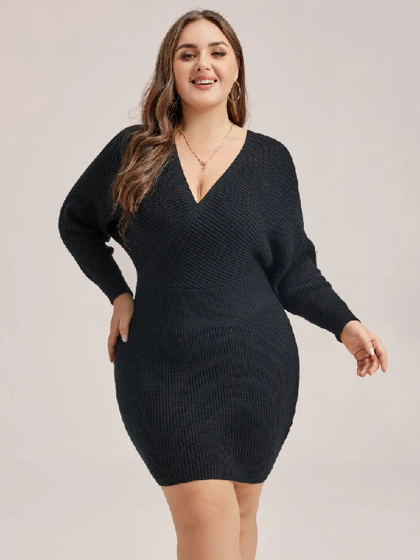 Solid V-Neck Bodycon Sweater Dress