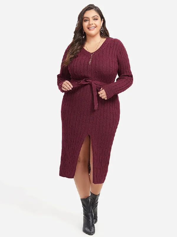 Cable Knit Belted Split  Midi Sweater Dress